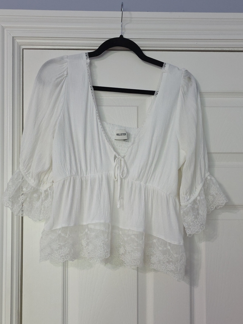 Hollister White Lace Peasant Blouse with Tie Front